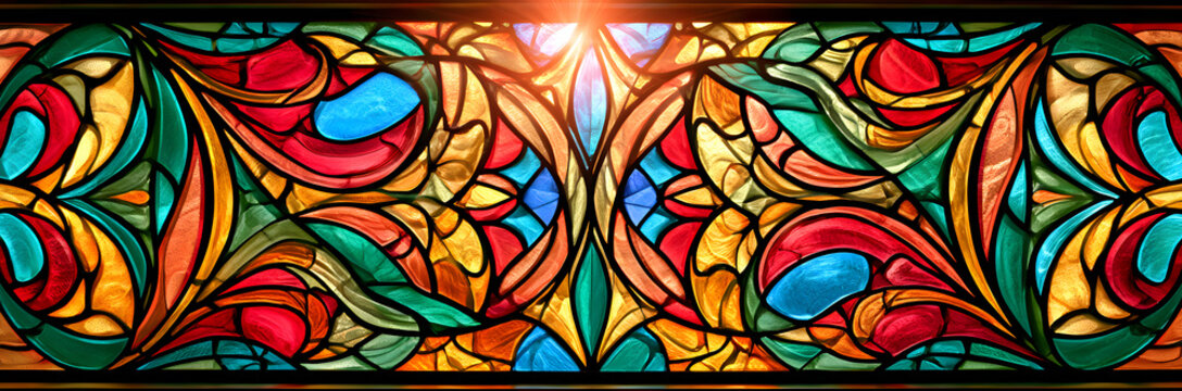 An illustration of a colored stained glass window. Art Nouveau style. An abstract background for stained glass. Vibrant colors, a spectrum of hues. Modern design. Architectural elements. Enhances a lu
