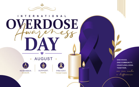 International Overdose Awareness Day vector illustration. Purple awareness ribbon, syringe, drug round icon set vector. August 31 each year. Important day.