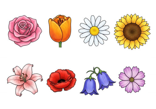 Set of eight beautiful botanical flowers isolated on a transparent background for floral design and decoration