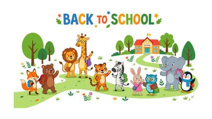 Fototapeta premium Back to School Animals: A whimsical illustration depicts a diverse group of anthropomorphic animal characters, including a fox, bear, lion, giraffe, tiger, zebra, rabbit, owl, elephant, and penguin.