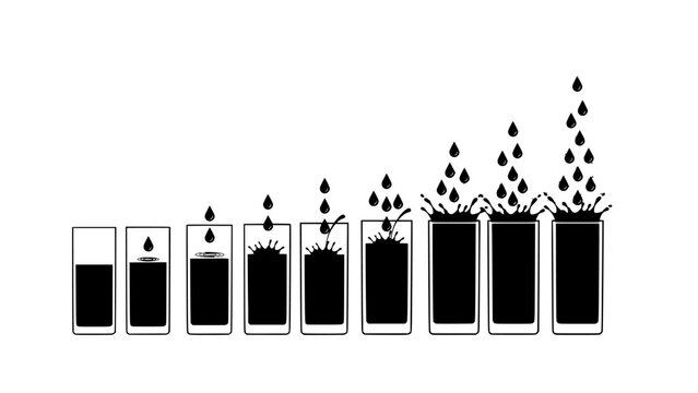 Glasses Filled with Dark Liquid with Cascading Droplets in a Repeating Pattern on a Clean Background