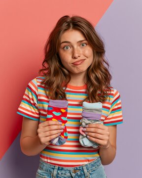 Young woman holding two socks in studio portrait against pink and lavender background with playful expression