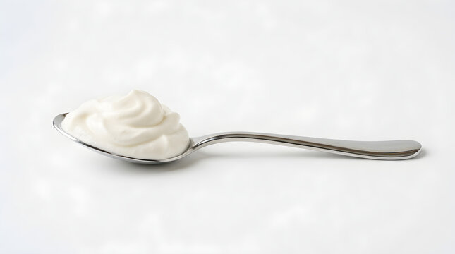 Spoonful of creamy white yogurt on a clean white background