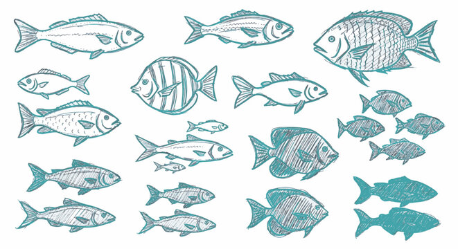 Collection of hand-drawn teal fish sketches on white background featuring various marine and tropical species like angelfish and tuna in a pen-and-ink line art style for aquatic design.