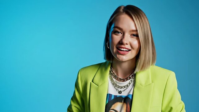 Young woman with blonde hair wearing a bright green blazer presenting information. Caucasian girl gesturing while speaking against a solid blue studio backdrop.