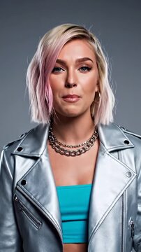 Young woman with pink highlighted blonde hair speaking to camera. Caucasian influencer wearing silver metallic jacket and chain necklace. Modern lifestyle portrait.
