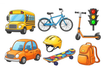 Naklejka premium Set of colorful cartoon school and transport items isolated on a professional high quality transparent background