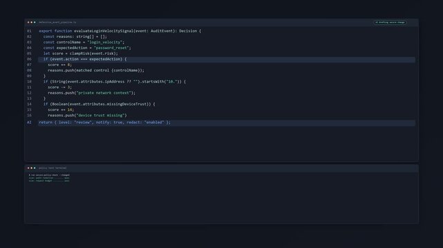 Interface animation showing a coding assistant drafting defensive software code, with terminal validating security policy checks and passing tests below.
