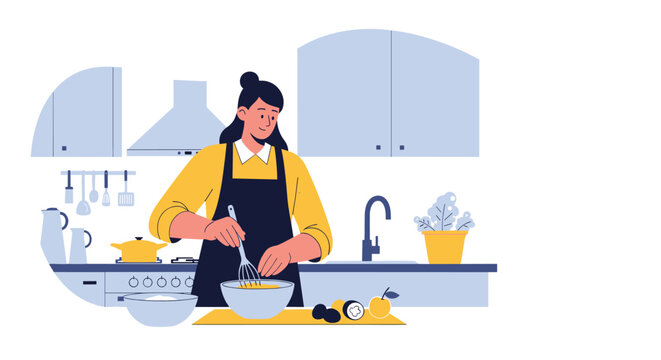 Cheerful woman in a black apron whips ingredients with a whisk in a bowl while preparing a delicious meal at home.