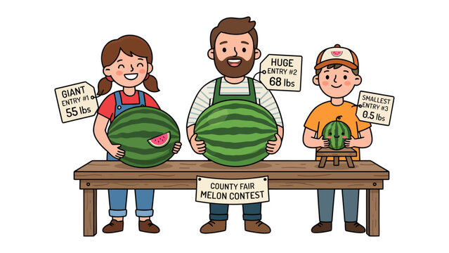 Melon Contest Winners: Three smiling participants proudly display their winning watermelons at a county fair melon contest, highlighting size and freshness.