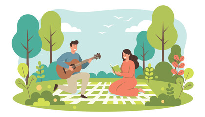Fototapeta premium Happy couple enjoying a peaceful picnic in a green park with the man playing guitar and the woman reading a book.