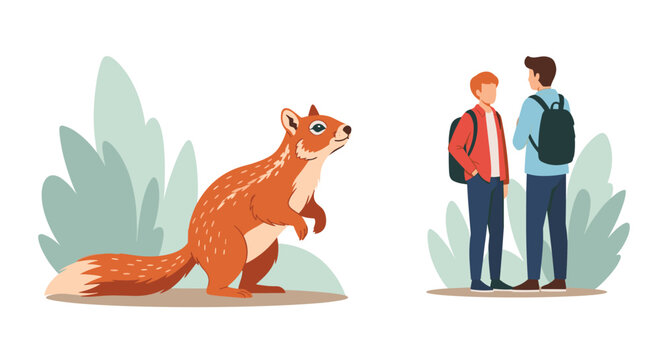 Cute illustration showing a large squirrel standing next to two school students with backpacks chatting in a park.