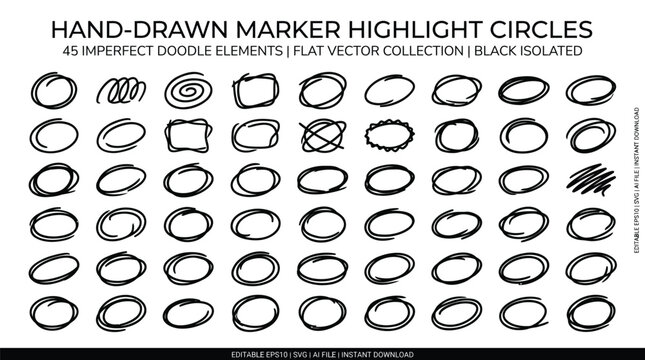 Hand-drawn marker highlight circles, 45 imperfect doodle elements, flat vector collection, black isolated icons