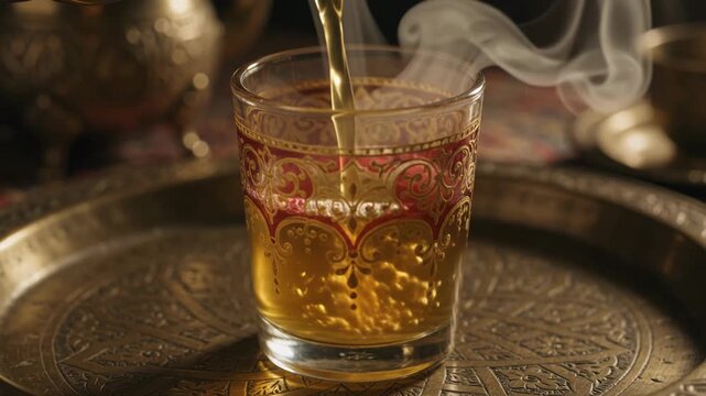 Amber Tea Beverage Pouring Hot Steam into Decorative Glass Cup, Warmth and Hospitality Drink, Evoking Tranquil Enjoyment and Relaxation