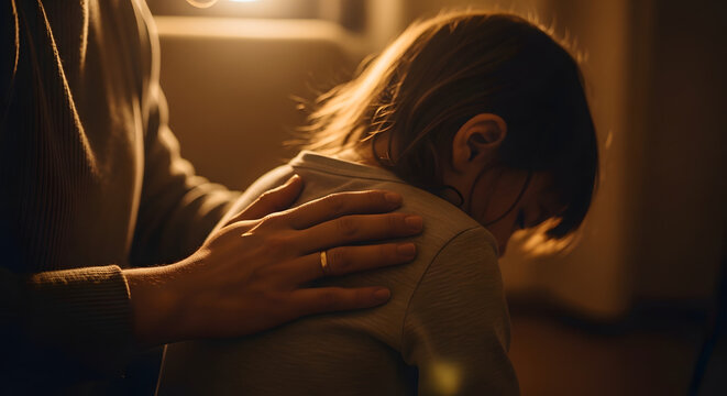 A comforting hand of a parent gently resting on a sad or tired child back in warm lighting