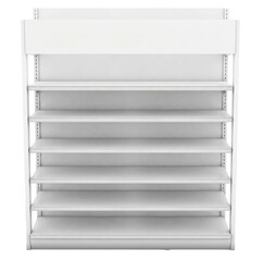 Front view of empty white supermarket gondola shelf with blank top header for branding, POS display mockup © AKHMADFAIZUL