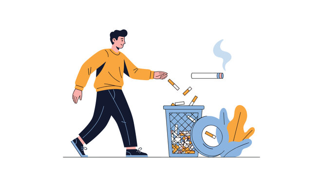 Health conscious young man throwing a cigarette into a garbage trash bin to stop smoking and start a healthy life.