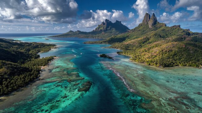 Aerial view of a tropical island with turquoise waters and mountains. Ideal for travel advertising and.