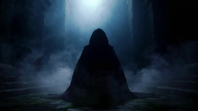Mysterious Cloaked Figure Standing in Dark Foggy Forest Atmosphere Cinematic Horror Mood
