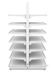 Empty white retail store shelf gondola isolated on white background, point of sale display rack mockup © AKHMADFAIZUL