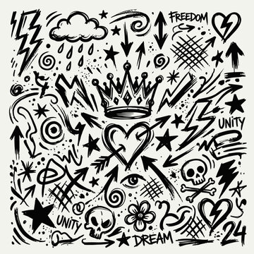 Hand drawn black and white graffiti elements with crown heart and skulls on white background vector illustration