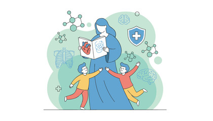 Fototapeta premium Professional female doctor holding a medical book to teach young kids about body anatomy and wellness habits.