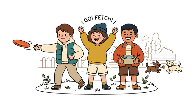 Children Play Fetch with Dog: Three children are playing fetch with a dog in a park, with one child throwing a frisbee and another child holding a dog bowl.