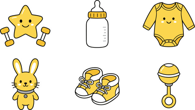 Cute yellow baby care icons set with smiling star bodysuit rabbit character bottle shoes and rattle on white background