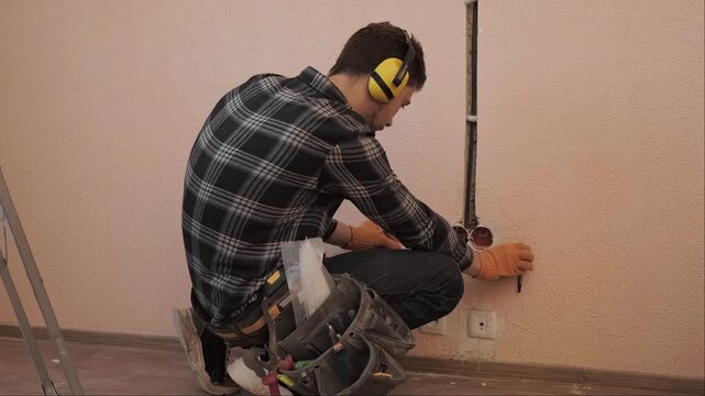 Man wearing ear protection takes measurements for precise electrical system installation in indoor construction work site