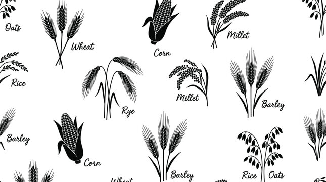 Monochrome seamless pattern of agricultural cereal crops featuring handwritten typography names for wheat corn rice barley rye millet oats