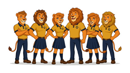 Mascot Team Pride: A group of anthropomorphic lion characters, dressed in matching uniforms, stands together in a pose of unity and confidence, showcasing team spirit. © Abu