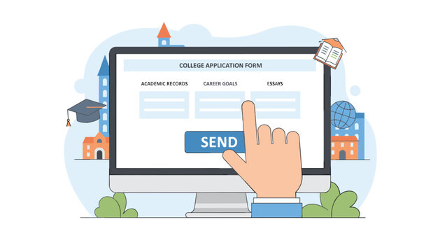 High school student submitting a digital college application form on a computer screen to enroll in university.