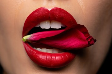 Obraz premium Close-up of red lips with heart-shaped eyes