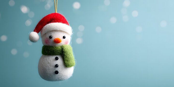 Felt snowman ornament with Santa hat and green scarf on blue background