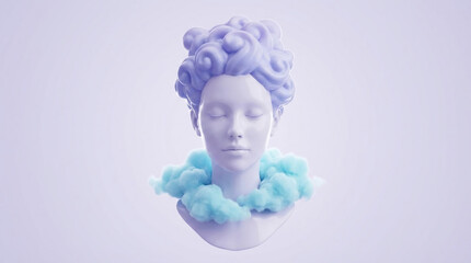 Fototapeta premium A serene bust with pastel lavender hair and blue cloud-like accents, symbolizing dreams, imagination, and ethereal beauty, perfect for conceptual themes