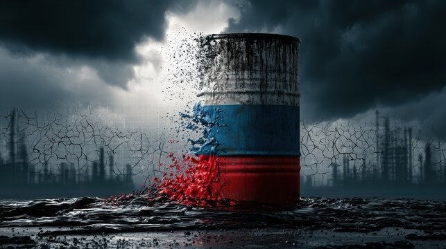 Conceptual illustration of a Russian flag oil barrel dissolving into black crude oil, symbolizing energy markets, sanctions, geopolitical conflict, fossil fuels, and global economic uncertainty.