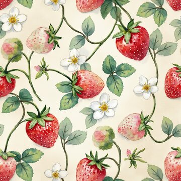 Beautiful watercolor illustration of strawberry plants with ripe fruit blossoms and fresh green leaves