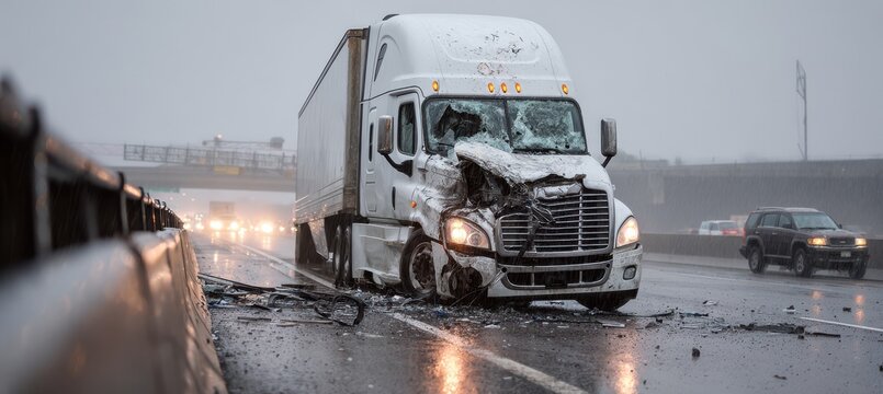 A damaged white semi-truck sits on a wet highway after a collision. Concept for road safety and traffic.