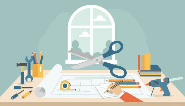 Creative craft and design workshop table with blueprints, tools, giant floating scissors, and hand writing notes.