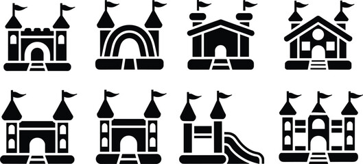 Inflatable bouncy castle black silhouette icons set with commercial trampolines and playground slide structures vector design