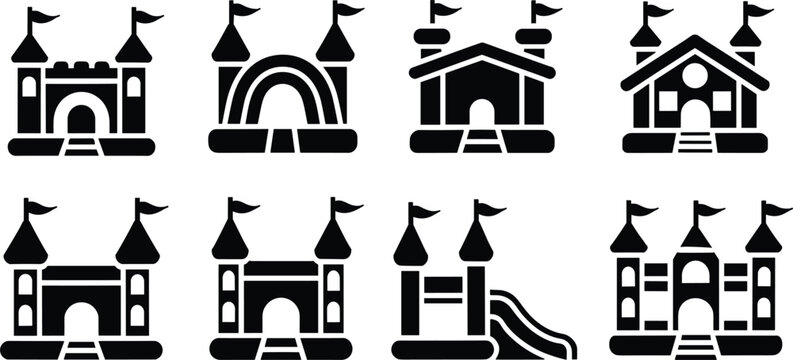 Inflatable bouncy castle black silhouette icons set with commercial trampolines and playground slide structures vector design