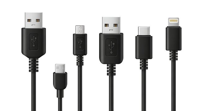 Collection of various black electronic charging cables and connectors isolated on white background.