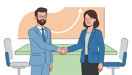 Fototapeta premium Business partners in professional suits shaking hands in a modern meeting room with an upward arrow chart background.