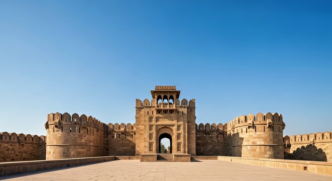 Ancient Stone Fort With Triangular Roof and Circular Towers