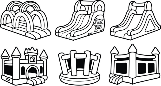Inflatable bouncy castle obstacle course slides black and white line art vector outline icons collection on white background