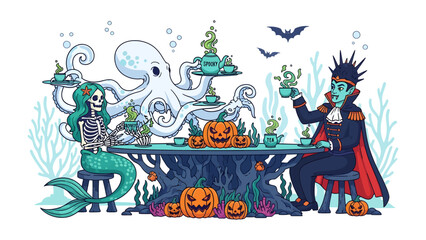 Halloween Tea Party Under the Sea: A whimsical underwater scene featuring a skeleton mermaid, a vampire, and an octopus enjoying a spooky tea party with jack-o'-lanterns and coral decorations. © Azizun