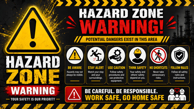 Hazard zone warning sign poster with various safety icons and danger symbols infographic design elements and business template icons for web, information layout, and website banner illustration
