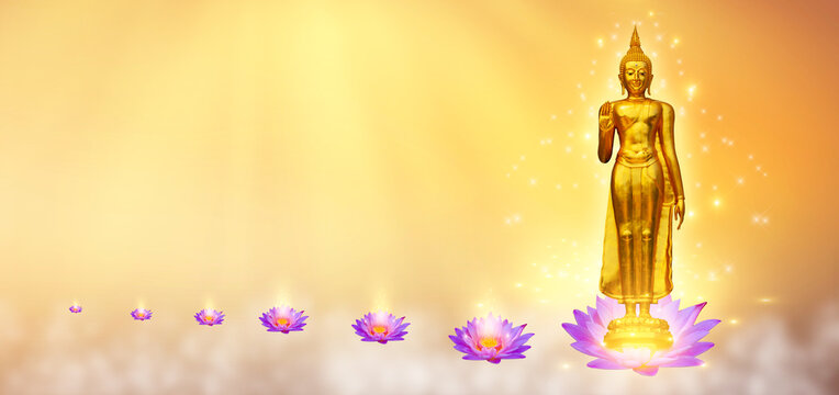 Golden Standing Buddha Statue on Lotus Pedestal with Purple Lotus Flowers Row on Soft Golden Background with Copy Space