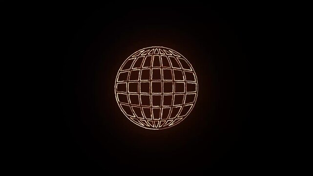 Golden yellow neon globe with grid pattern on dark background for digital connectivity concept