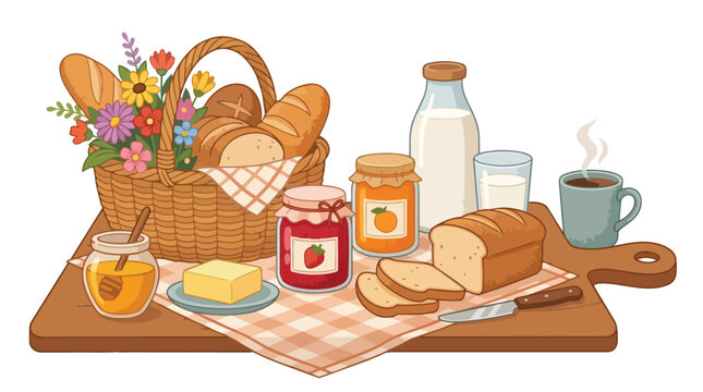 Breakfast Still Life Illustration with Bread Basket and Jam.
